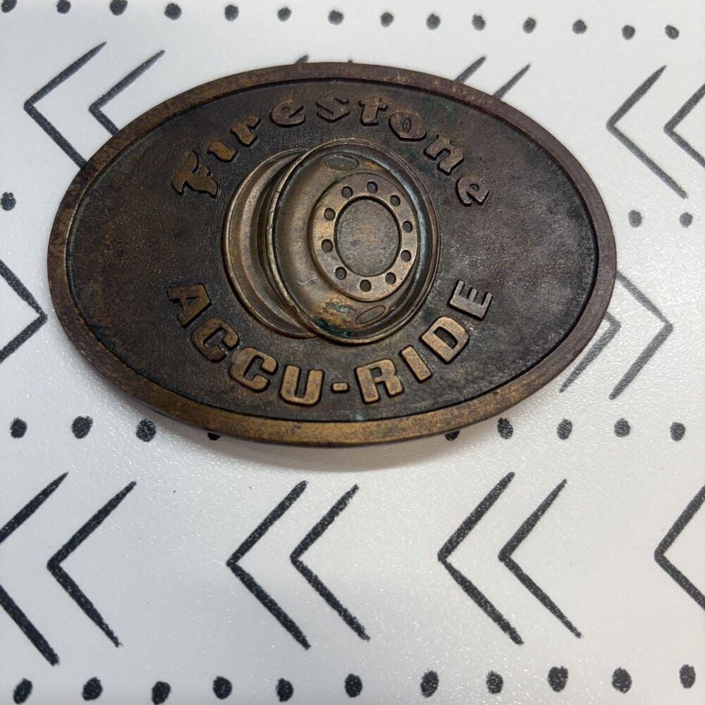 Vintage FIRESTONE ACCU RIDE Belt Buckle Wheel Rim Tire Dealer